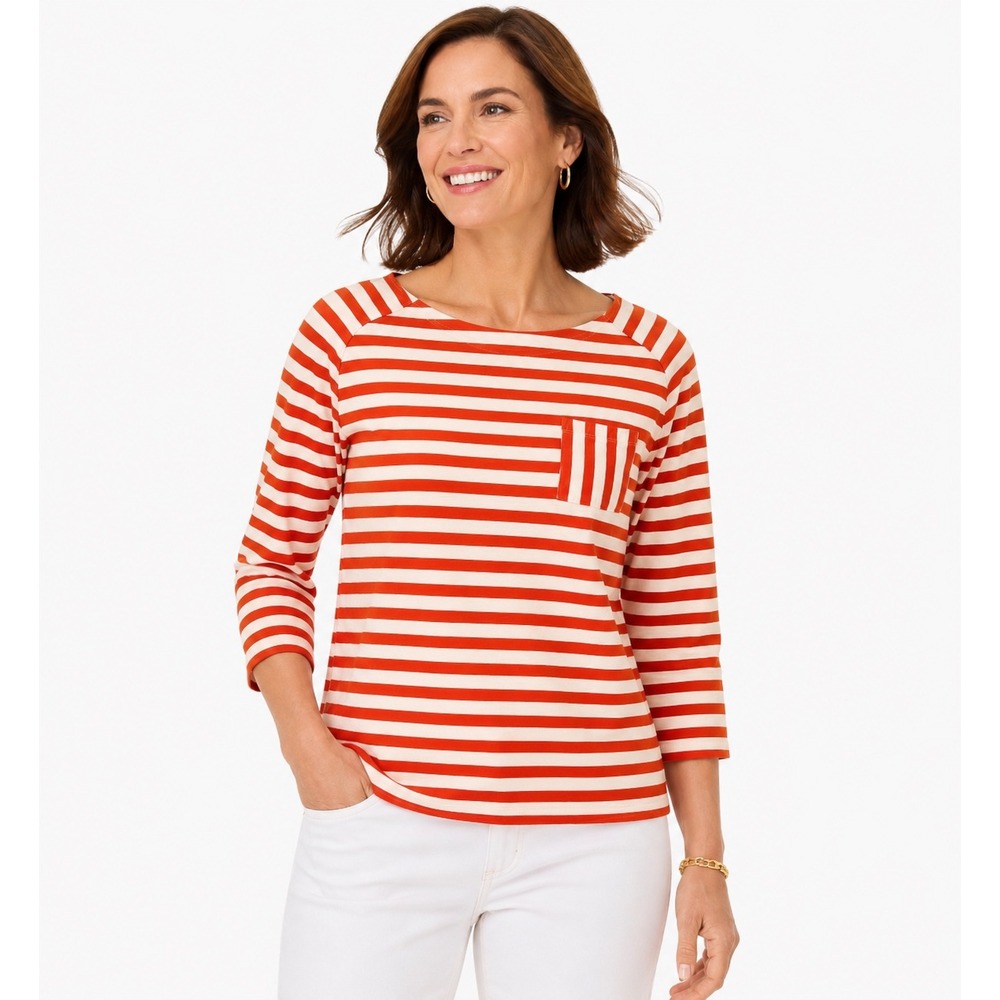 Talbots Orange White Striped Cotton Slub 3/4 Sleeve Pocket Tee Top Mens L